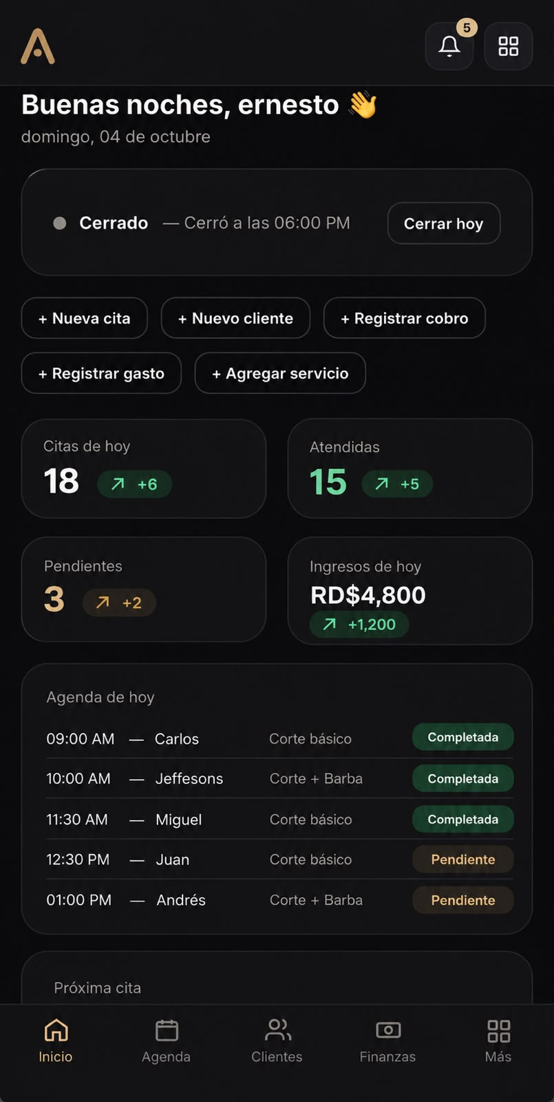 Captura de Apúntame: Dashboard